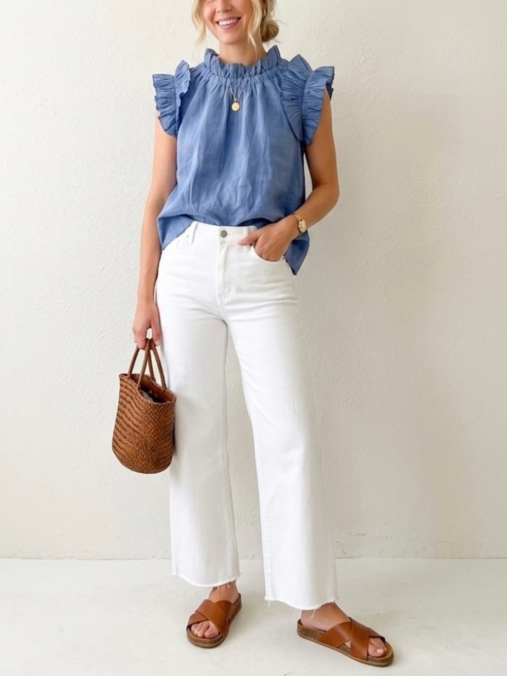 Sea New York Ramie Mock Neck Ruffle Sleeveless Top in Carolina Blue